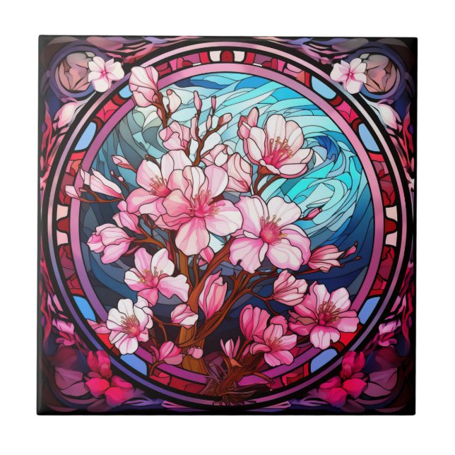 Cherry Blossoms Stained Glass Ceramic Tile (Front)