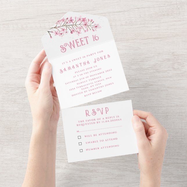 Cherry Blossoms Sweet 16 Floral Sixteen Sakura All All In One Invitation (Tearaway)