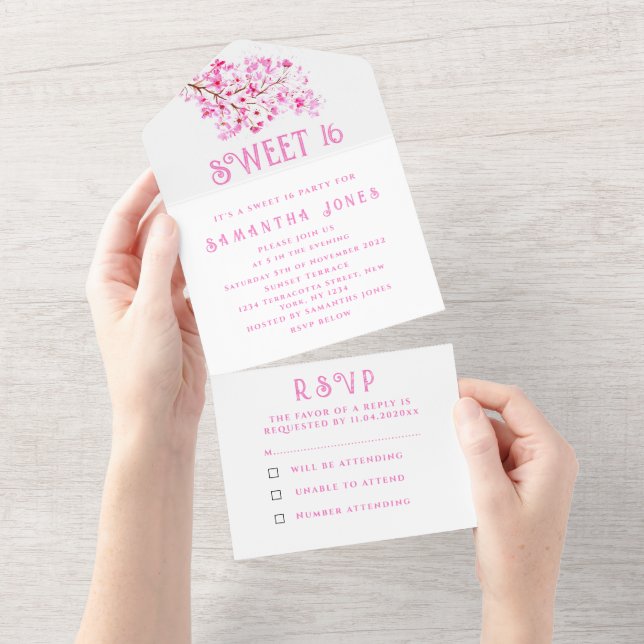 Cherry Blossoms Sweet 16 Floral Sixteen Sakura  All In One Invitation (Tearaway)