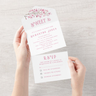 Cherry Blossoms Sweet 16 Floral Sixteen Sakura All In One Invitation