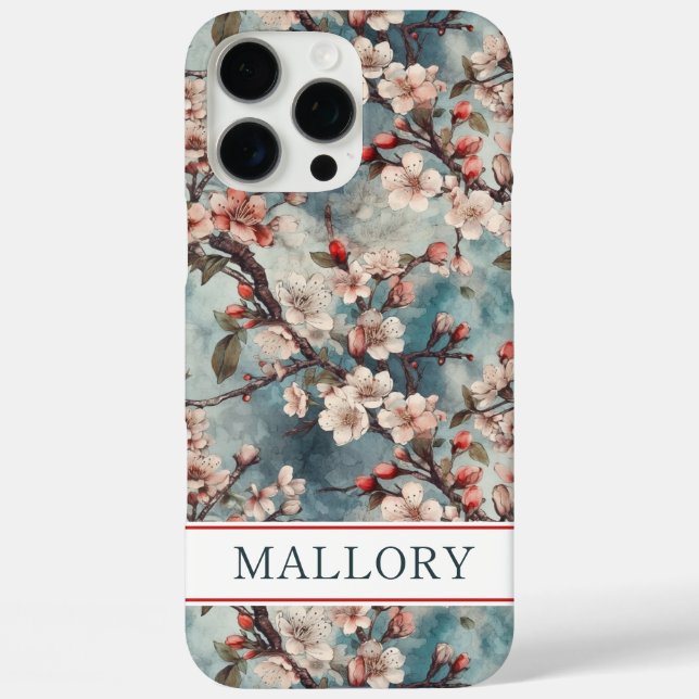 Cherry Blossoms Teal Sakura Print Monogrammed Case-Mate iPhone Case (Back)