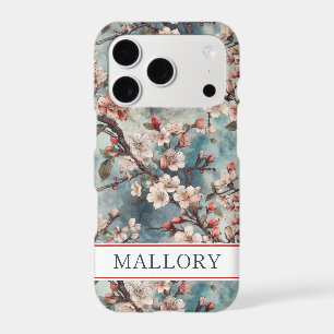 Cherry Blossoms Teal Sakura Print Monogrammed iPhone 17 Pro Case