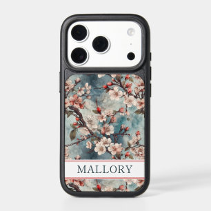 Cherry Blossoms Teal Sakura Print Monogrammed iPhone 17 Pro Case