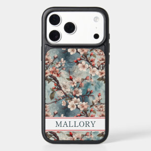 Cherry Blossoms Teal Sakura Print Monogrammed iPhone 17 Pro Max Case