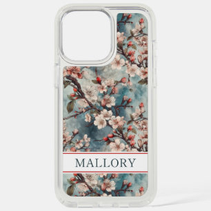 Cherry Blossoms Teal Sakura Print Monogrammed iPhone 15 Pro Max Case