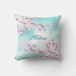 Cherry Blossoms Turquoise Background Throw Pillow