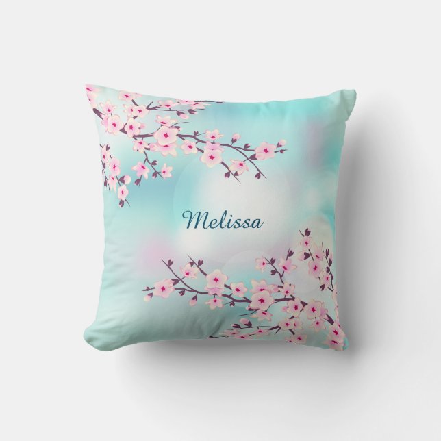 Cherry Blossoms Turquoise Background Throw Pillow (Front)