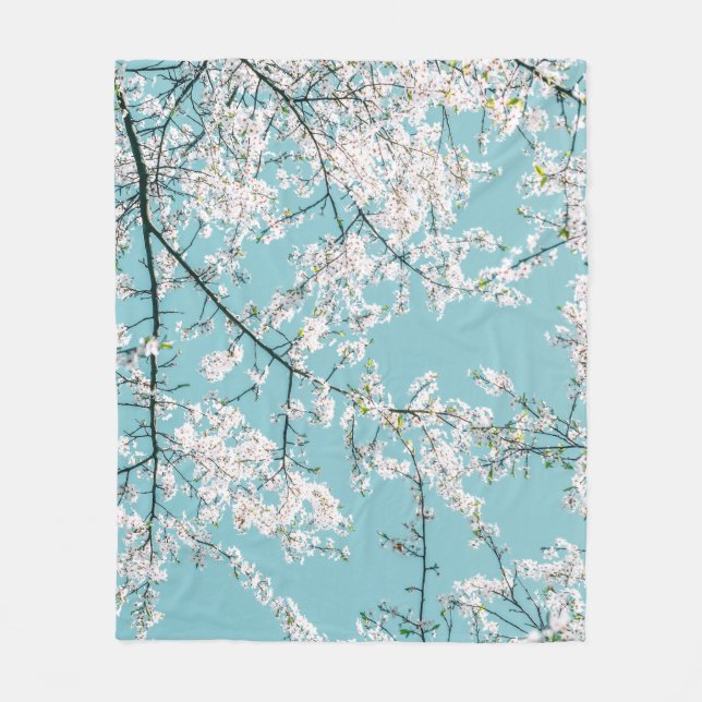 Cherry Blossoms: Turquoise Floral Trend Fleece Blanket (Front)