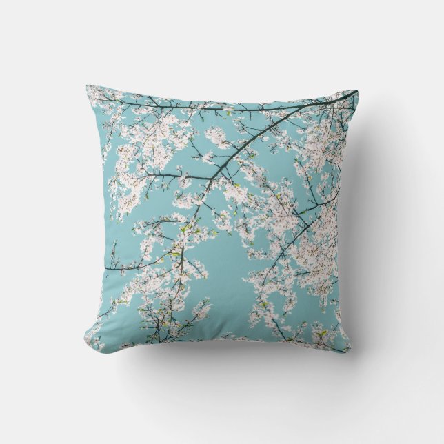 Cherry Blossoms: Turquoise Floral Trend Throw Pillow (Front)
