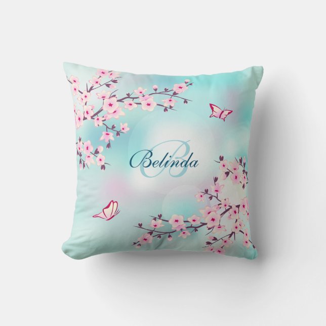 Cherry Blossoms Turquoise Monogram Floral Throw Pillow (Front)