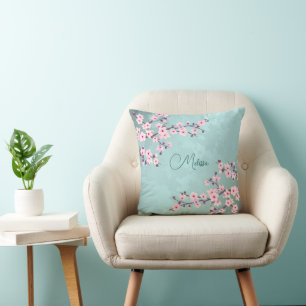 Cherry Blossoms Turquoise Monogram Throw Pillow