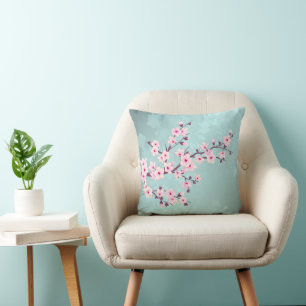 Cherry Blossoms Turquoise Monogram Throw Pillow