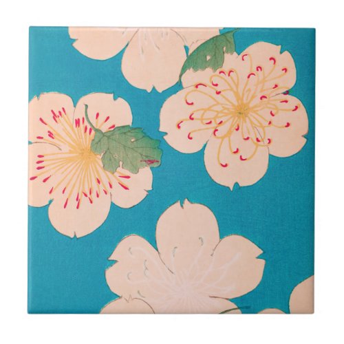 Cherry Blossoms Vintage Japanese Floral Print Ceramic Tile