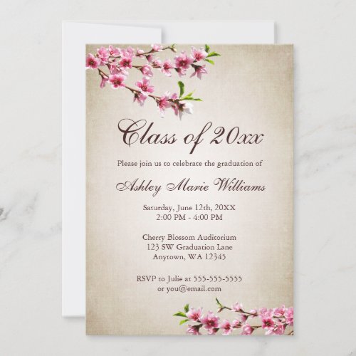 Cherry Blossoms Vintage Tan Graduation 5x7 Paper Invitation Card