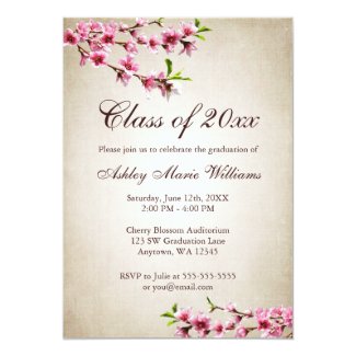 Cherry Blossoms Vintage Tan Graduation 5" X 7" Invitation Card