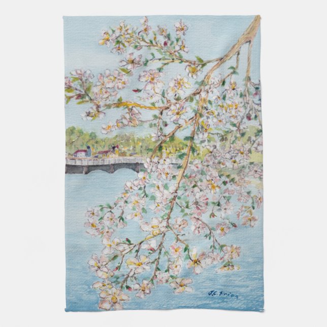 Cherry Blossoms Washington DC Painterly Watercolor Towel (Vertical)