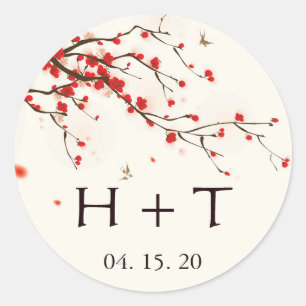 Cherry Blossoms Watercolor Floral Wedding Monogram Classic Round Sticker