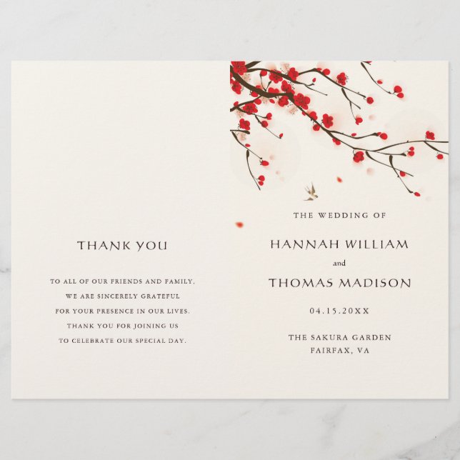 Cherry Blossoms Watercolor Folded Wedding Program (Front)