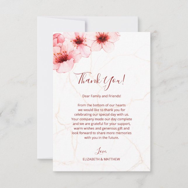  Cherry Blossoms Watercolor Marble Wedding Thank You Card (Front)
