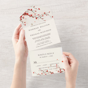 Cherry Blossoms Watercolor Wedding All In One Invitation