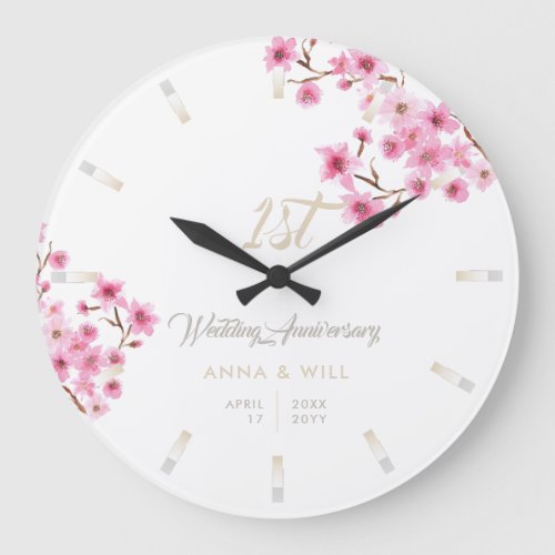 Cherry Blossoms Watercolor Wedding Anniversary Large Clock
