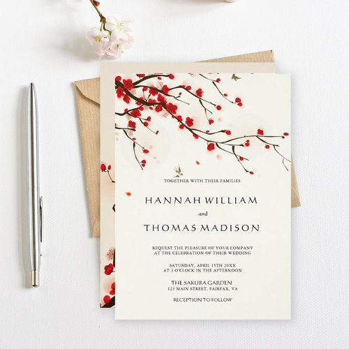 Cherry Blossoms Watercolor Wedding Invitation