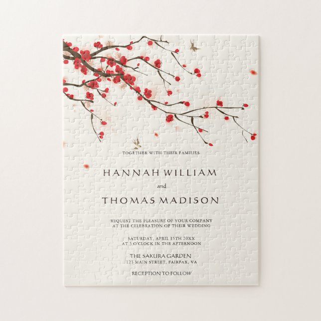 Cherry Blossoms Watercolor Wedding Invitation Jigsaw Puzzle (Vertical)