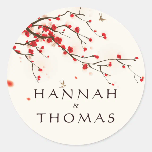 Cherry Blossoms Watercolor Wedding Personalized Classic Round Sticker ...