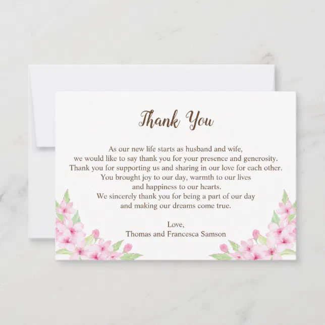 Cherry Blossoms Watercolor Wedding Thank You Card | Zazzle