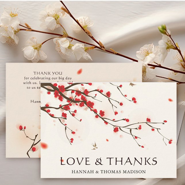 Cherry Blossoms Watercolor Wedding Thank You Card (Front & Back)