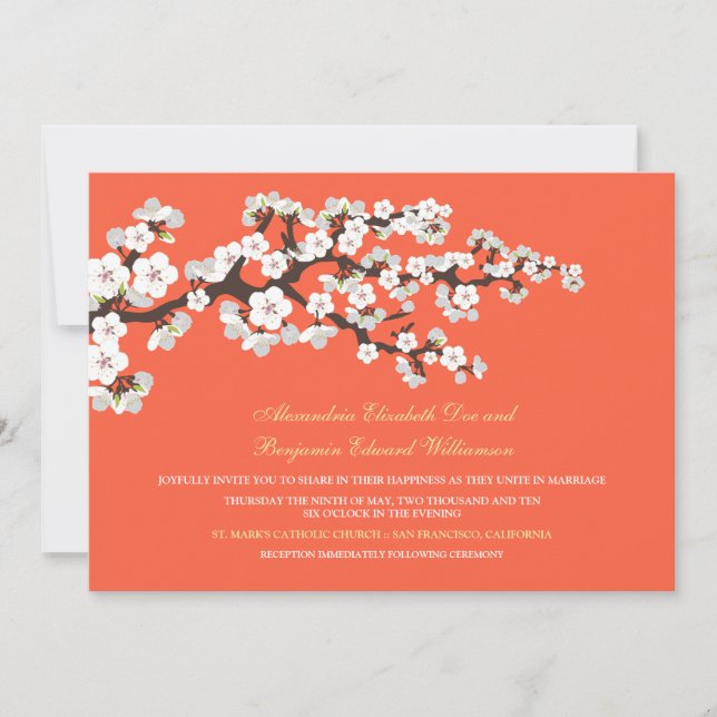 Cherry Blossoms Wedding Invitation (coral) (Front)