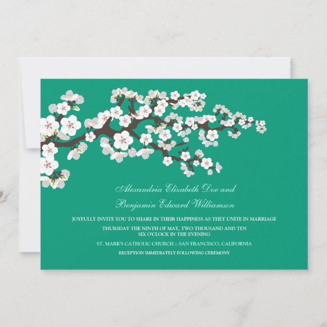 Cherry Blossoms Wedding Invitation (emerald) (Front)