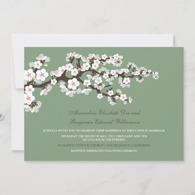 Cherry Blossoms Wedding Invitation (sage green) (Front)