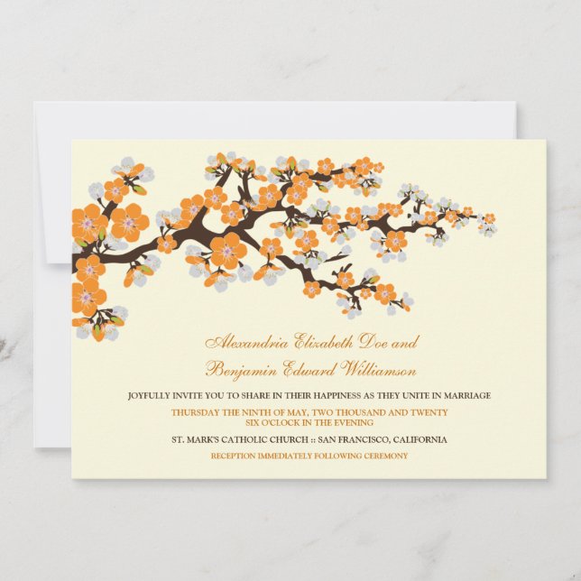 Cherry Blossoms Wedding Invitation (tangerine) (Front)