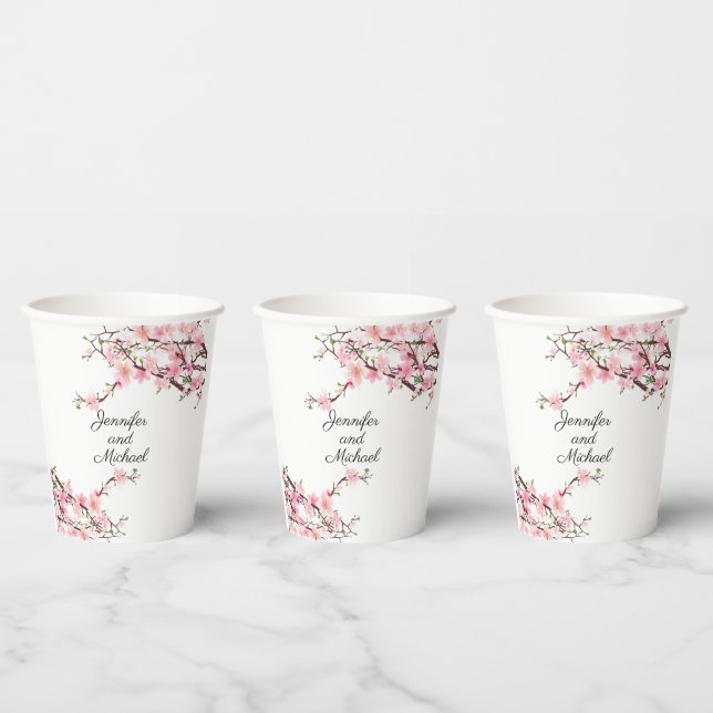 Cherry Blossoms Wedding Reception Personalize Name Paper Cups (Multi)