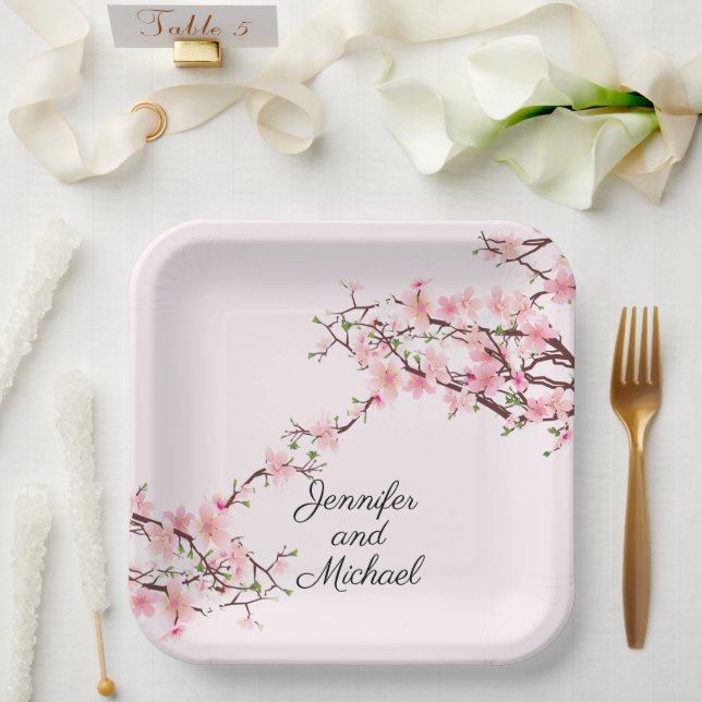 Cherry Blossoms Wedding Reception Personalize Name Paper Plates (Wedding)