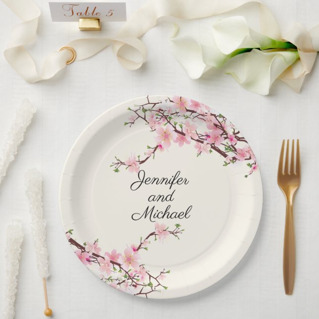 Cherry Blossoms Wedding Reception Personalize Name Paper Plates (Wedding)
