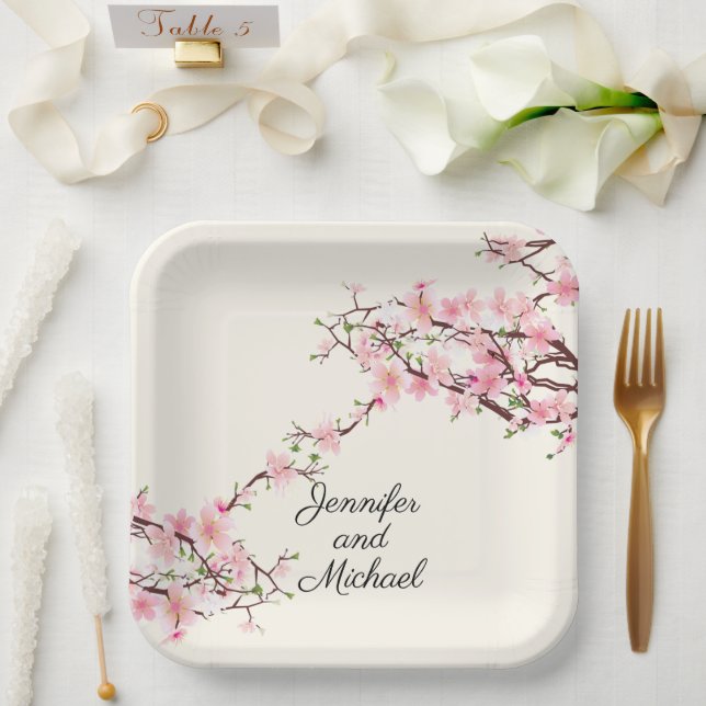 Cherry Blossoms Wedding Reception Personalize Name Paper Plates (Wedding)