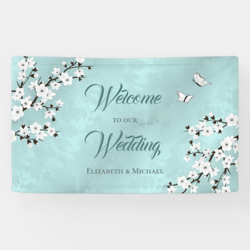 Cherry Blossoms White Ice Blue Wedding  Banner
