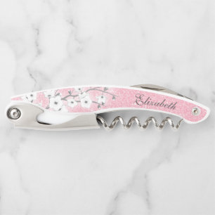 Cherry Blossoms White Pink Glitter Monogram Waiter's Corkscrew