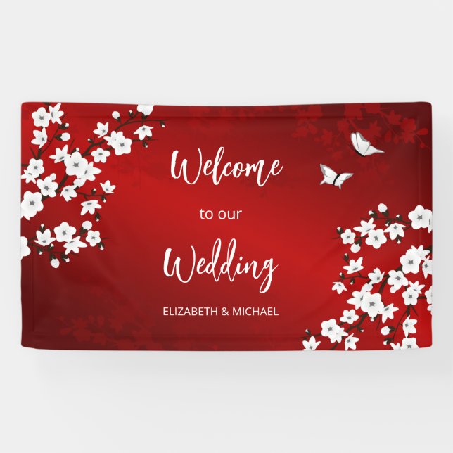 Cherry Blossoms White Red Wedding Welcome Banner (Horizontal)