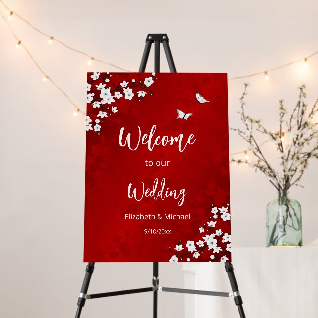 Cherry Blossoms White Red Wedding Welcome Foam Board (In Situ (Stand))