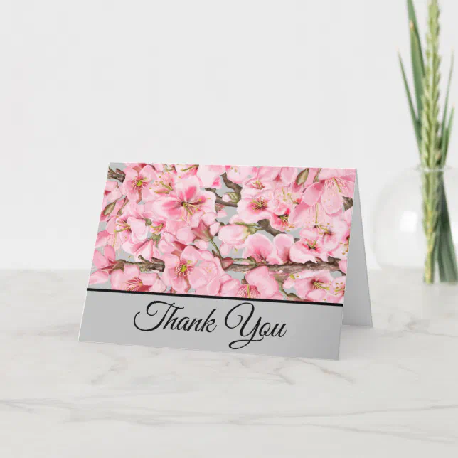 Cherry blossoms with blue thank you card | Zazzle