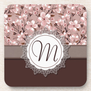 Cherry Blossoms with Lace Monogram Drink Coaster