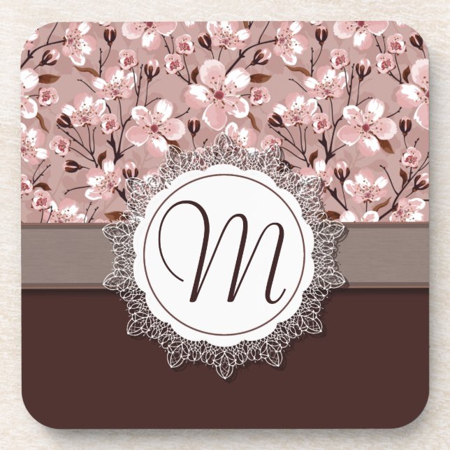 Cherry Blossoms with Lace Monogram Drink Coaster (Front)