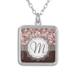 Cherry Blossoms with Lace Monogram Silver Plated Necklace