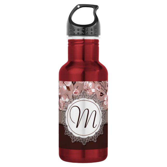 Cherry Blossoms with Lace Monogram Stainless Steel Water Bottle (Front)