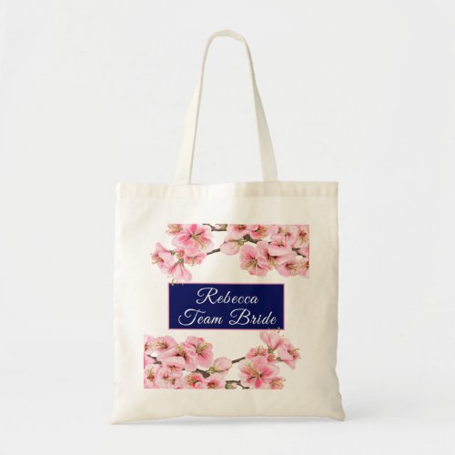Cherry blossoms with navy blue name tag Tote Bag