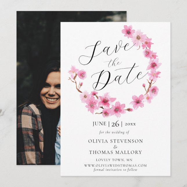 Cherry Blossoms Wreath Photo Wedding Save the Date Invitation (Front/Back)