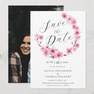 Cherry Blossoms Wreath Photo Wedding Save the Date Invitation